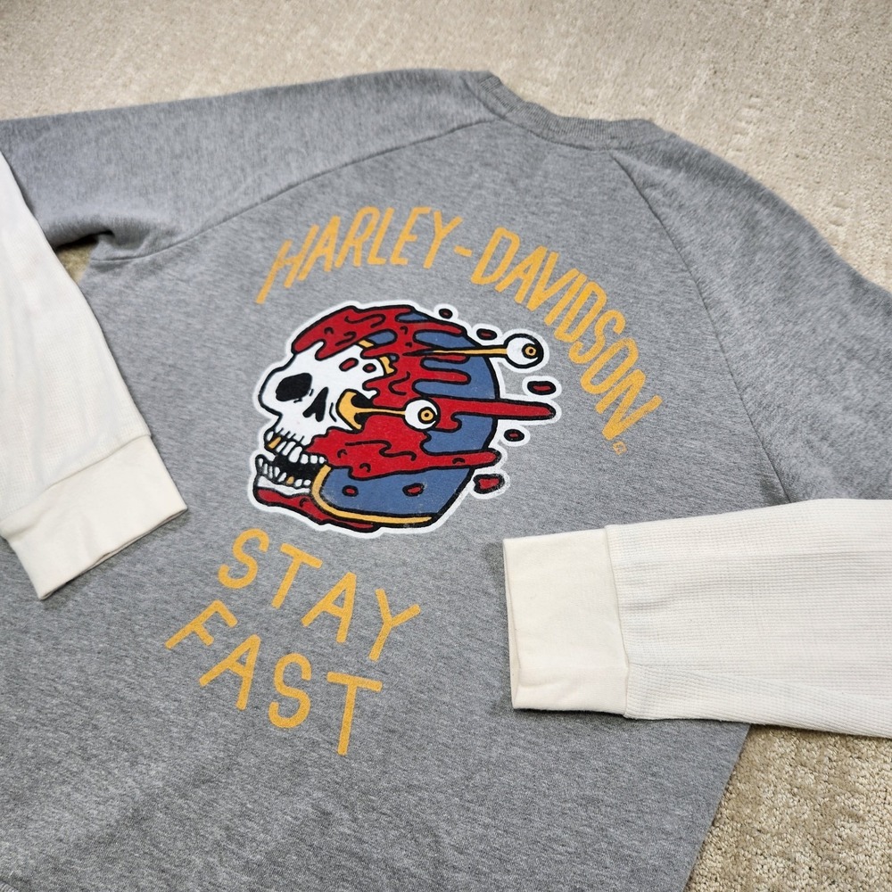 Harley Davidson Sweatshirt Men Medium Slim Fit Thermal Sleeve Raglan Skull Gray